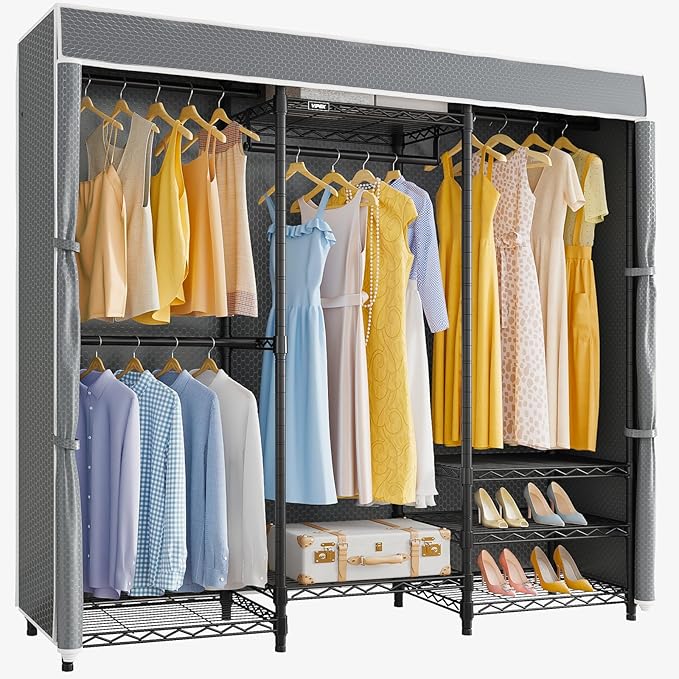 VIPEK V5C Medium Covered Clothes Rack Heavy Duty Portable Closet Wardrobe, Freestanding Black Clothing Rack with Grey Upgarded Polyester Cover, Adjustable Custom Closet Rack, 57.9" Lx17.3 Wx76.4 H