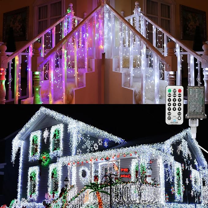 Brizled Color Changing Icicle Lights, 29ft 360 LED Christmas Icicle Lights with Remote, 11 Modes Cool White & Multicolor Xmas Lights for Xmas Wedding Home