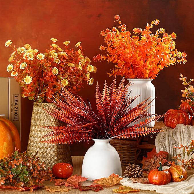 Ceenna 16 Bundles Fall Artificial Flowers for Outdoors Decorations Floral Picks Stem Fake Mums Eucalyptus Maple Leaves Berry for Garden Autumn Thanksgiving Arrangement (15 Inch,Eucalyptus)