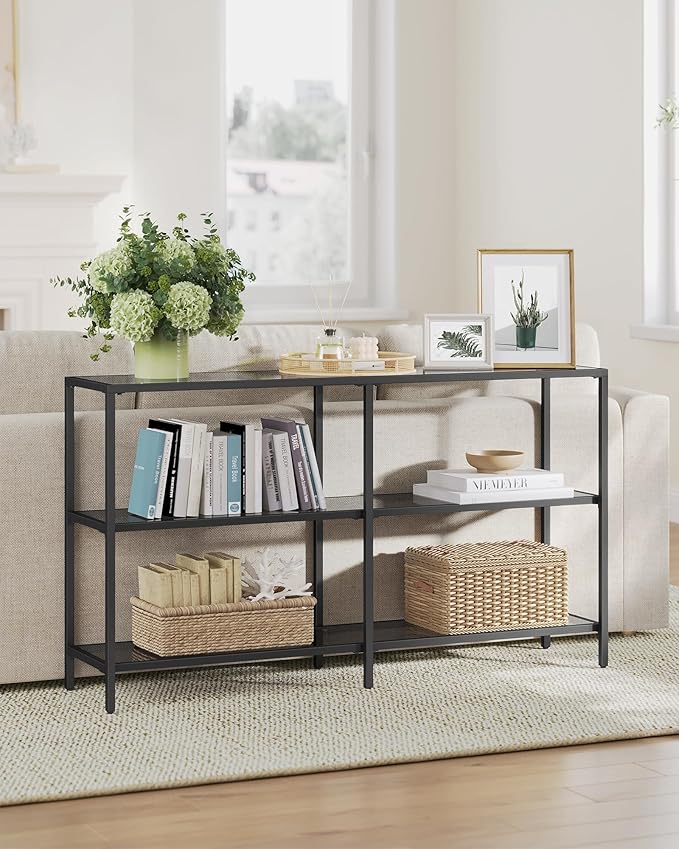 VASAGLE 51.2 Inch Console Table with 3 Shelves, Sofa Tables, Modern Entryway Table, Metal Frame, Tempered Glass Shelf, Entryway Living Room Bedroom, Classic Black and Slate Gray ULGT024B61