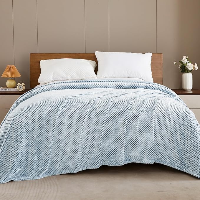 Exclusivo Mezcla Fleece Bed Blanket Queen Size, Super Soft and Warm Blankets for Couch, Sofa and Bed Waffle Textured, Cozy, Fuzzy and Lightweight (Mixed Slate Blue, 90x90 Inches)