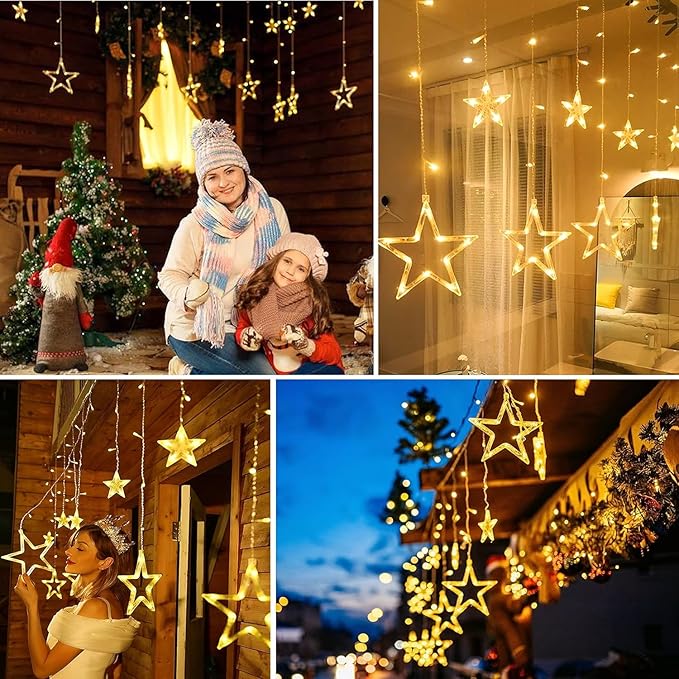 Star Curtain Lights for Bedroom - Plug-in 9ft 138 LED Fairy Twinkle Lights with 12 Star Drops, Connectable Window Lights with Remote 8 Lighting Modes for Indoor Xmas Ramadan Decoration, Warm White