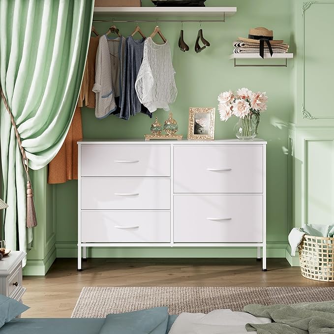 WLIVE White Dresser for Bedroom with 5 Drawers, Fabric Dresser for Living Room, Wide Chest of Drawers for Bedroom, Closet, Hallway, White