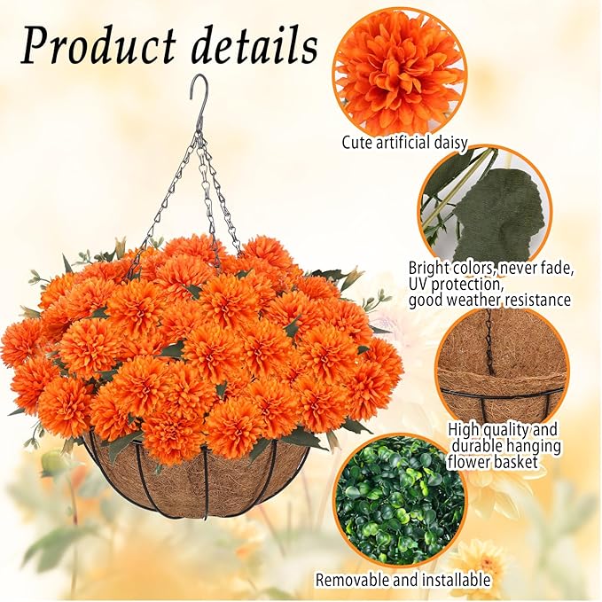 Fall Mums Artificial Flowers Hanging Basket for Outdoor Fall Porch Decor Fake Marigolds 6 Bundle Faux Silk Orange Flower Bouquet Chrysanthemum UV Resistant Realistic Plant for Autumn Table Home Decor