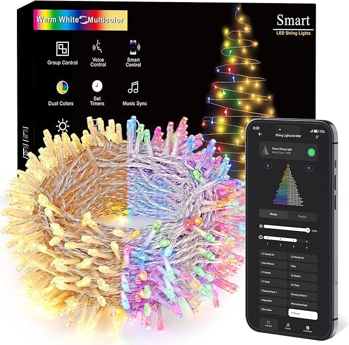 BrizLabs Smart Christmas Lights, 115FT 300 LED Fairy String Lights with App/Voice Control, Warm White & Multicolor Color Changing Christmas Tree Light Dimmable Xmas Light for Outdoor Indoor Xmas Decor