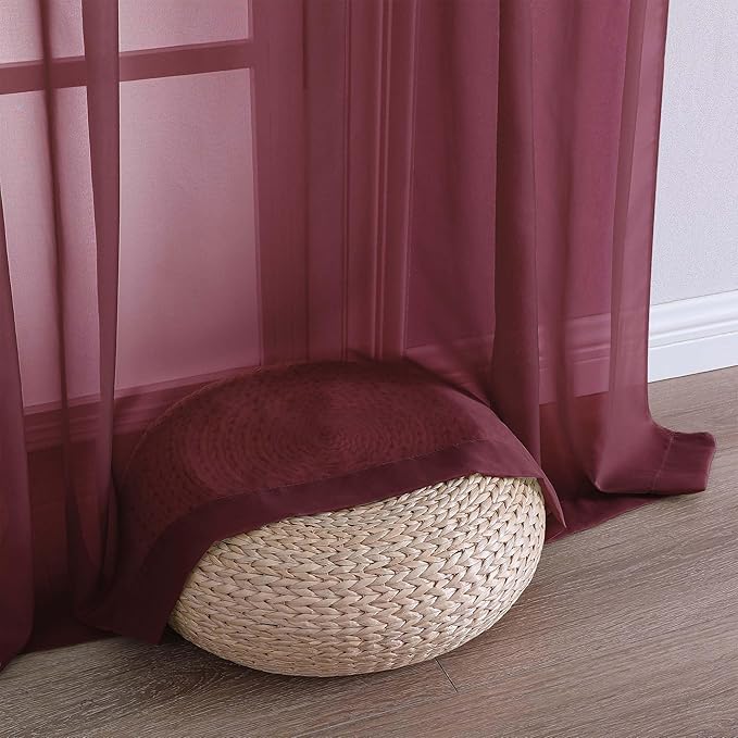 OWENIE Burgundy Sheer Curtain 90 Inches Long 2 Panels Set, Solid Filmy Drapes for Living Room Bedroom, Elegant Window Sheer Curtain Panels Drapes, 2 Pcs, Each 59W x 90L Inch