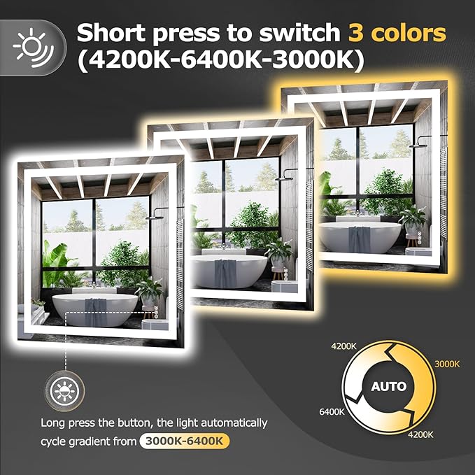 36X36 LED Bathroom Mirror with Lights, Anti-Fog, Dimmable, Backlit + Front Lit, Smart Bathroom Vanity Mirror, Memory Function, Shatterproof, Tempered Glass (Horizontal/Vertical)