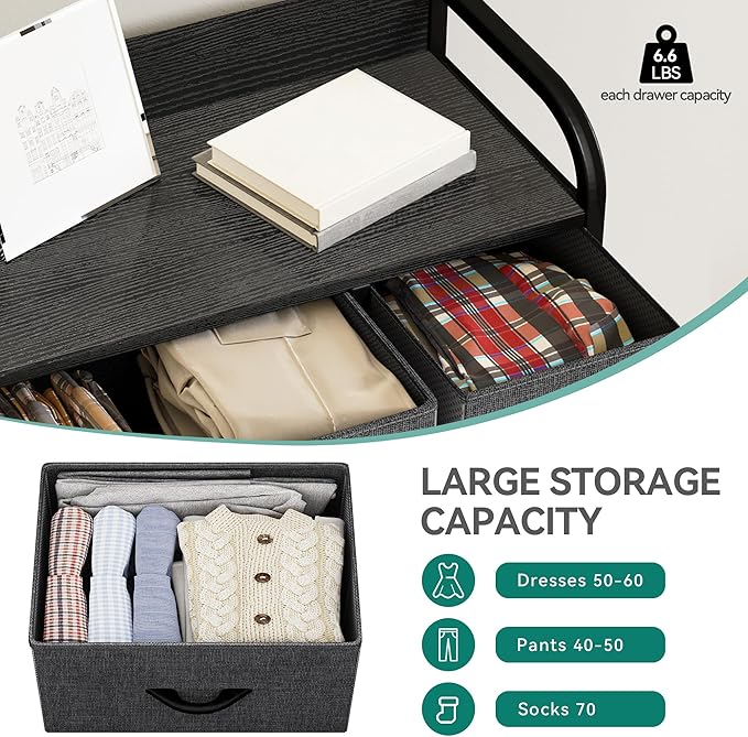 YITAHOME Fabric Dresser with 7 Drawers - Storage Tower with Large Capacity, Organizer Unit for Living Room - Sturdy Steel Frame, Easy Pull Fabric Bins & Wooden Top (Black/Grey)