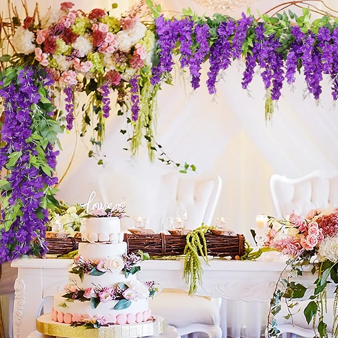 Wisteria Artificial Flowers Garland, 2Pcs Total 14.4ft Silk Faux Wisteria Vine Kit, Hanging Flower Plant for House Outdoor Garden Ceremony Outside Wedding Arch Floral Decor (2, Purple)