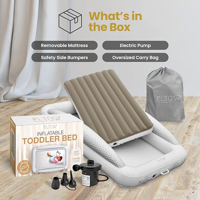 ELTOW Inflatable Toddler Travel Bed with Safety Bumpers, Portable Kids Air Mattress for Travel, Complete Toddler Air Mattress Set with High-Speed Pump & Carry Bag - Gray Chevron