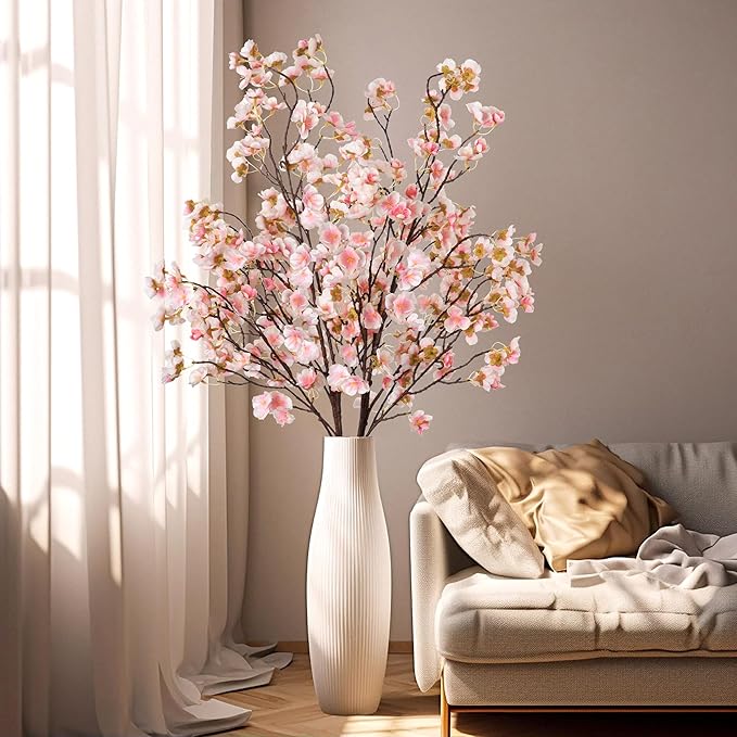 4 Pcs Artificial Cherry Blossom Flower Branches, Bulk Silk Faux Flowers Real Touch Bouquet for Home Wedding Party Centerpieces Spring Summer Decor, Vase Not Included(Champagne)