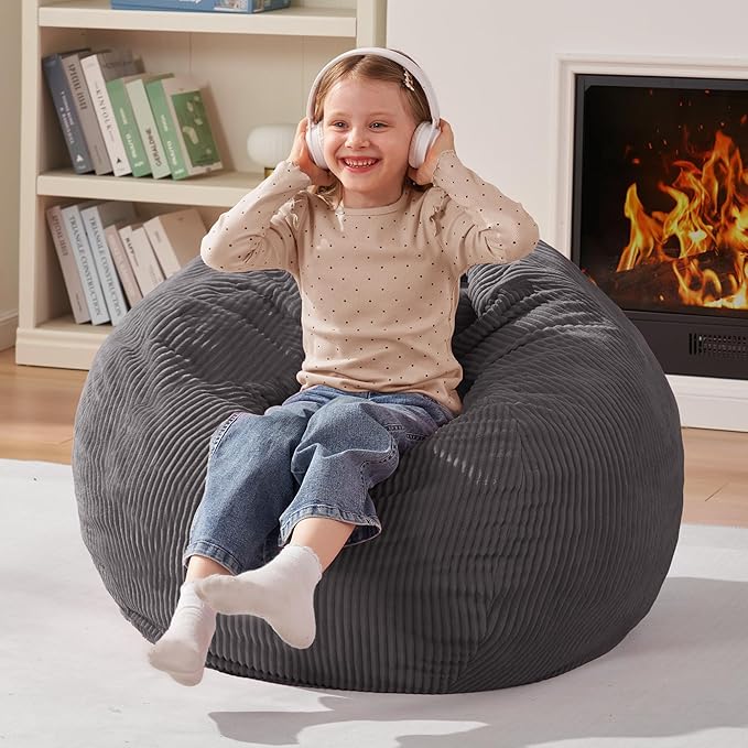 Homguava 2FT Bean Bag Chair,Teardrop Bean Bags Small Beanbag Chair with Memory Foam Filled and Ultra Soft Corduroy Cover for Living Room, Bedroom (Small,Grey)