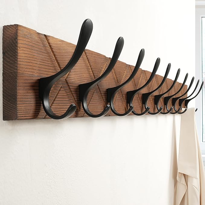 SKOLOO Coat Rack Wall Mount - Antique Wooden Carved- X Cross Coat Hook, Wall Coat Hanger with 10 Hooks for Hanging Coats, Hats, Clothing, Scarfs, Brown & Black