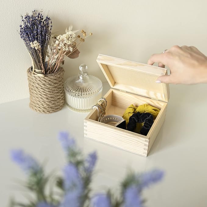 Wooden Storage Box Unpainted Plain | 6.37 x 6.37 x 2.83 in | Square Box with Lid | Perfect for Storing Valuables & Small Items in The Office or Bedroom | Jewelry Box