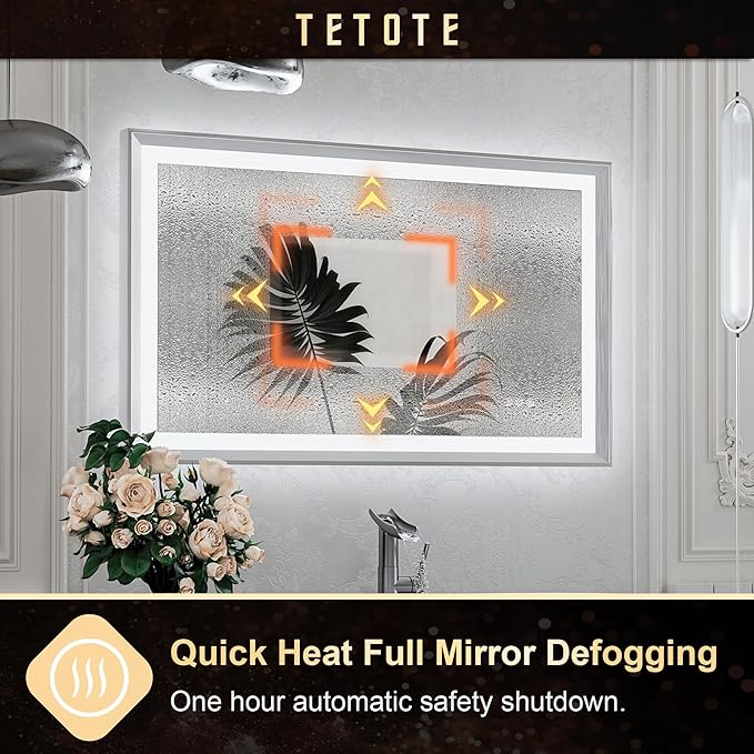 TETOTE LED Bathroom Mirror with Lights Brushed Nickel Metal Framed 40x24 Frontlit & Backlit Silver Vanity Mirror Baroque Antifog Stepless Dimmable White/Warm/Natural,Wall Mounted(Horizontal/Vertical)