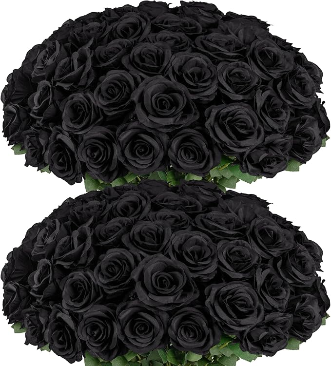 Ouddy Decor 50 Pcs Artificial Black Roses Bulk Realistic Fake Silk Flowers with Long Stems for Fall Halloween Wedding Bridal Bouquet DIY Table Centerpieces Arrangement Valentines Home Decor