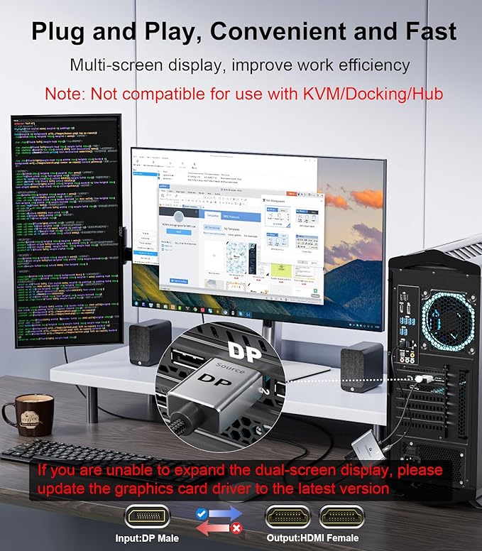 DisplayPort to Dual HDMI Adapter (4K@60Hz) DP to HDMI Splitter for Dual Monitors Extended Display MST Display Port 1 in 2 Out Hub for PC, Graphics Card