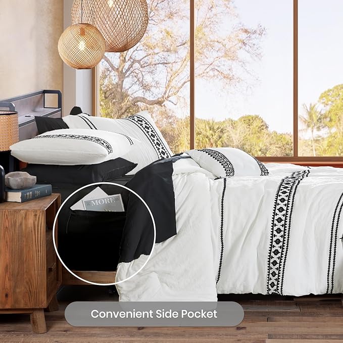 MaiRêve Embroidery Boho Comforter Sets Full Size - 7 Piece, Farmhouse Western White Black Comforter Set, All Season Bed in A Bag Full Size with Sheets, Pillowcases & Shams