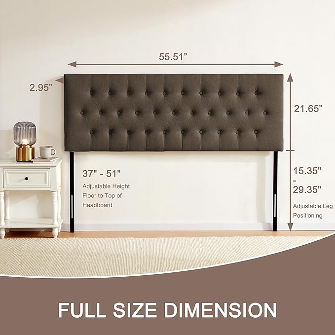 Tufted Upholstered Headboard Full Size, Solid Wood Head Board with Durable Metal Legs, Adjustable Height Bed headboard from 37” to 51” Fabric Headboard in Modern Button Design, Chocolate