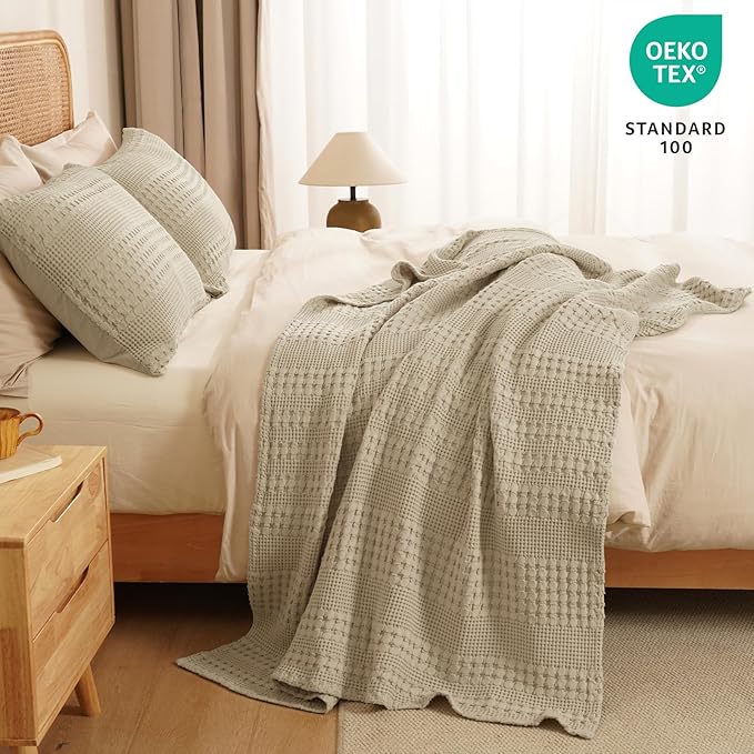 PHF 100% Cotton Waffle Weave Throw Blanket, Soft Lightweight Breathable Cozy Throws for Couch Bed Sofa, Luxury Aesthetic Woven Blanket for Home Decor & Office, 50"x60", Khaki