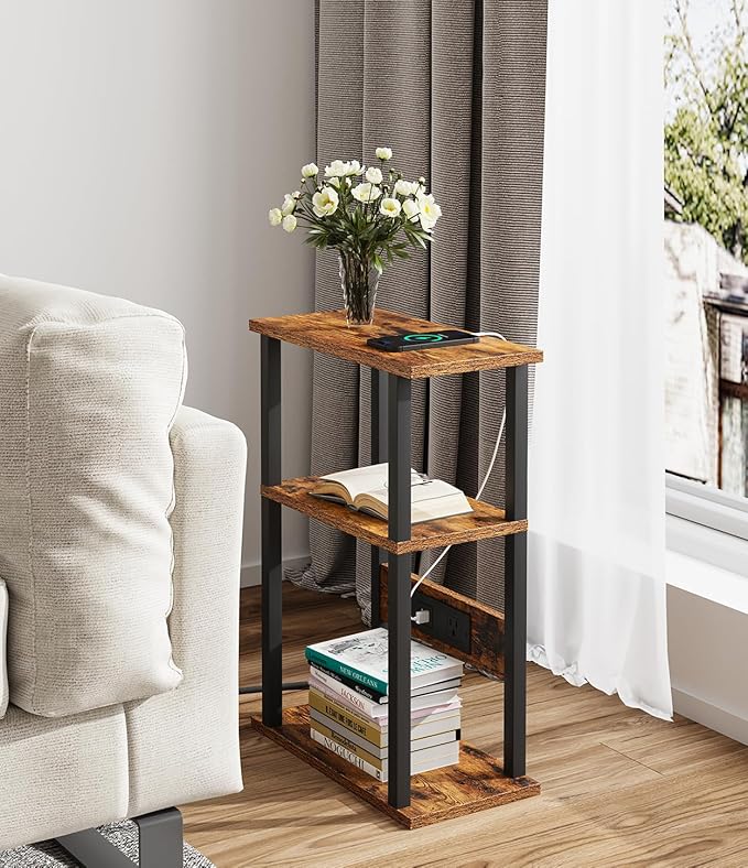 Narrow Side Table with Charging Station, 2 Set Skinny End Tables for Small Spaces, Sofa Beside-Table with Storage Shelf, Slim Nightstand with USB Ports Outlet, Couch Tables Rustic Brown UTBT003F2