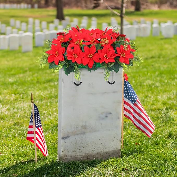 Christmas Cemetery Decorations for Grave Headstone Flower Saddle Artificial Flower Saddles Red Poinsettia Outdoor Memorial Headstone Realistic Bouquet(Red,Classic Style)
