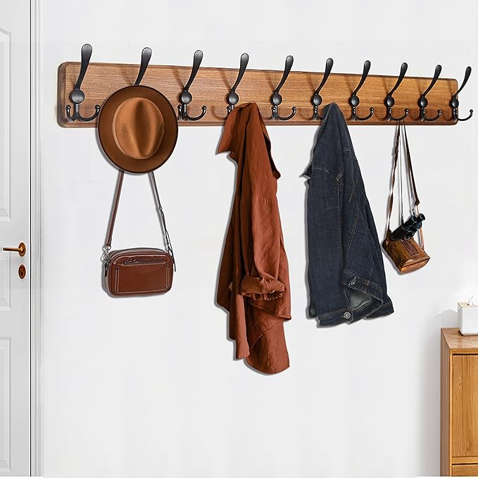 WEBI Coat Rack Wall Mount,38 9/16" Long,10 Hooks,Coat Hooks Wall Mounted,Coat Hanger Wall,Wood Hook Rack Rail,Triple Hooks for Hanging Coats,Clothes,Jacket,Brown