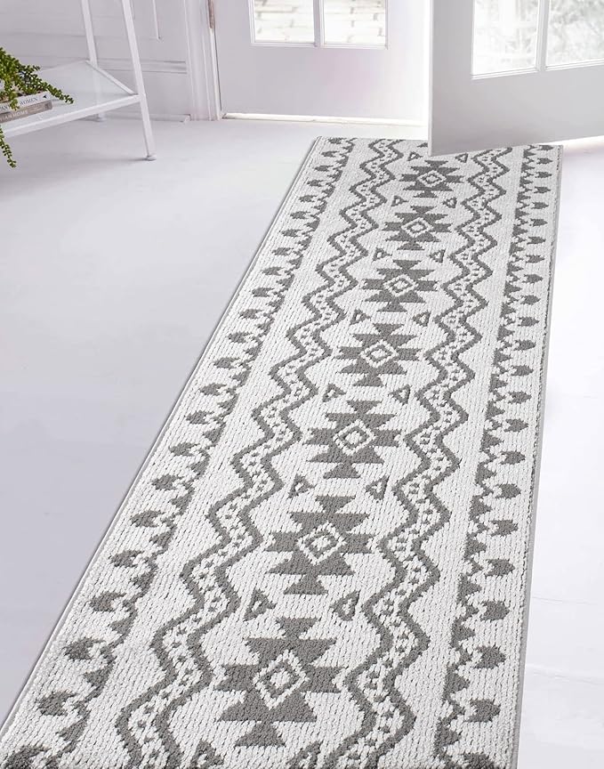 Custom Size Southwestern Style Runner Rug Mat for Wide Hallway Entryway Kitchen Laundry Room with Slip Resistant Latex Rubber Backing, Aztec Light Grey, 31 inch X 6 feet