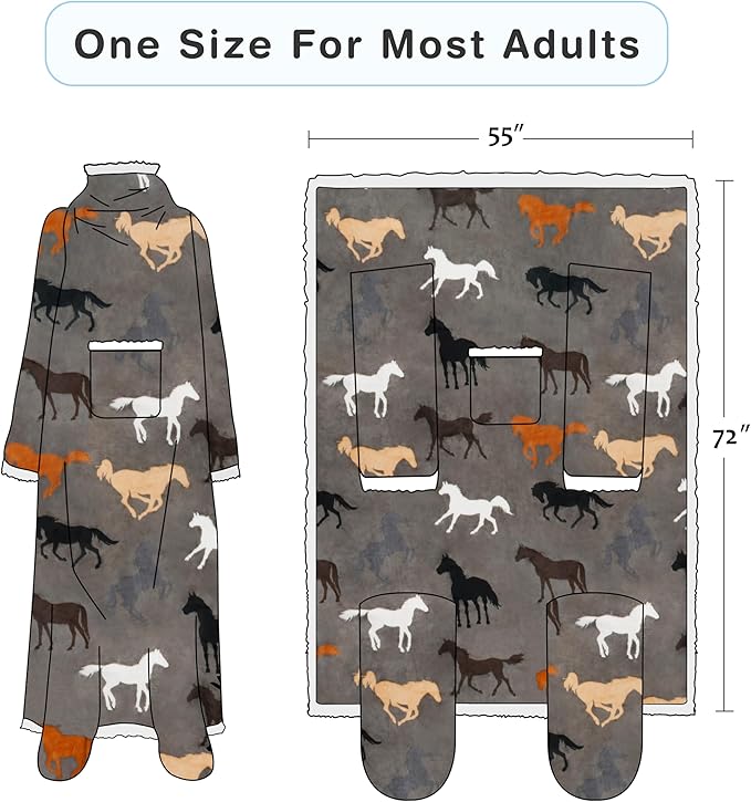 Catalonia Sherpa Wearable Blanket with Sleeves & Foot Pockets for Adult Women Men, Comfy Snuggle Wrap Sleeved Throw Blanket Robe, Gift Idea, Taupe Horse