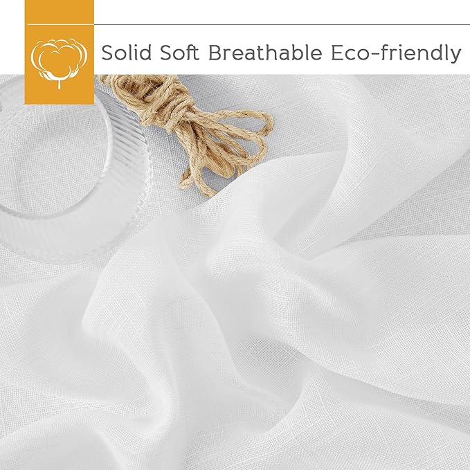 RYB HOME Sheer Linen Textured Curtains Semi Sheers Drapes Light Airy Breathable Fabric Window Decor for Patio Door Living Room Dining, White, 70 inch Width x 95 inch Length, 2 Panels