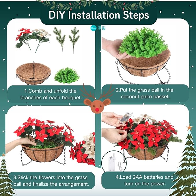 Florielle Artificial Fake Christmas Hanging Flowers Plants Basket with LED Lights, Faux Poinsettia, Pine Branches, for Outdoor New Year Xmas Decoration, Porch Home Holiday Decor (Green)