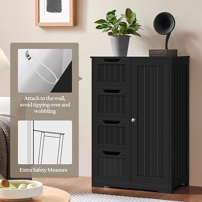 Yaheetech Wooden Bathroom Floor/Side Storage Organizer Cabinet with 4 Drawers and 1 Cupboard, Freestanding Entryway Storage Unit Console Table for Home Decor