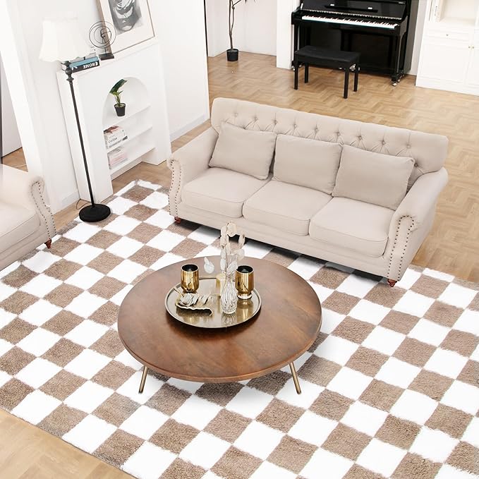 Super Soft Rug for Bedroom, 5x7 Ft Beige and White Area Rug Classic Checkered Shaggy Anti-Skid High Pile Soft Fluffy Rug Fuzzy Carpet for Living Room Bedroom Kids Room Nursery, Dorm Home Decor