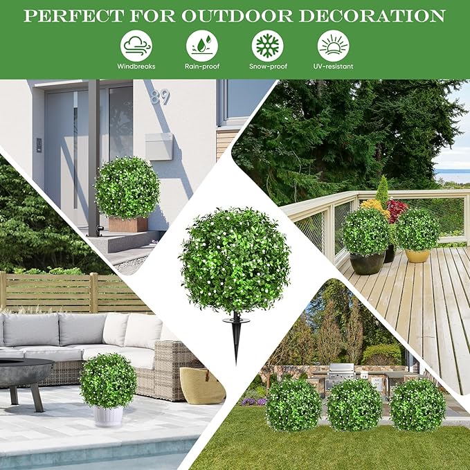 23" Set of 2 Artificial Boxwood Topiary Ball with Spikes Gypsophila Flowers for Outdoor, UV Resistant Faux Greenery Shrubs, Realistic Fake Bushes Plants for Garden, Yard, Front Porch, Patio Decor