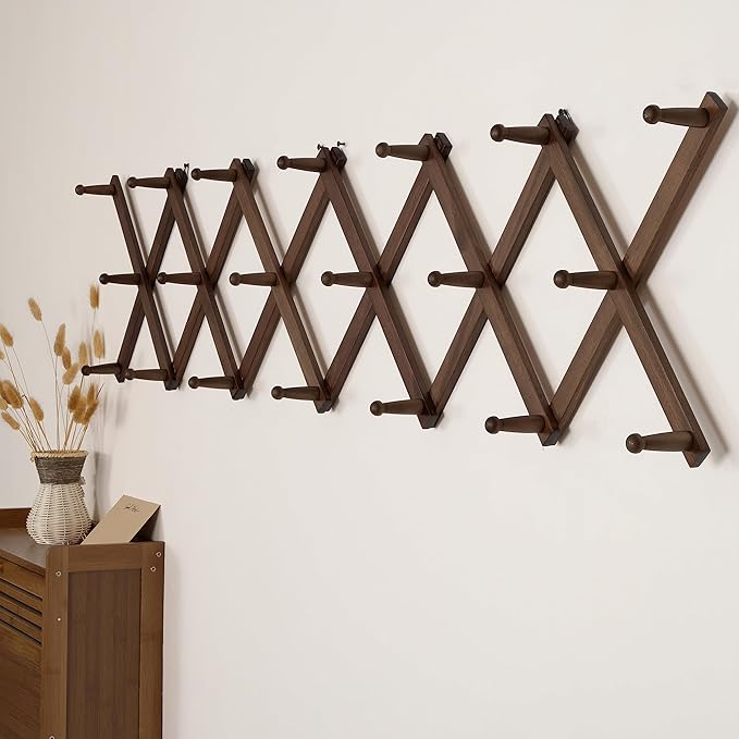 SKOLOO Hat Rack for Wall with 20 Hooks, Solid Wooden, Modern, Expandable Coat Rack Wall Mount for Coats, Hats, Bags, Baseball Caps, Walnut Color