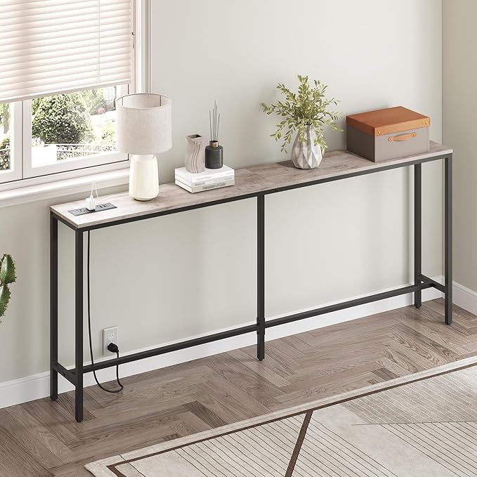 78.7" Console Table with Power Outlet, 11.8" Wide Narrow Sofa Table, Industrial Entryway Table with USB Ports, Behind Couch for Entryway, Hallway, Foyer, Living Room, Greige CTHG320E01