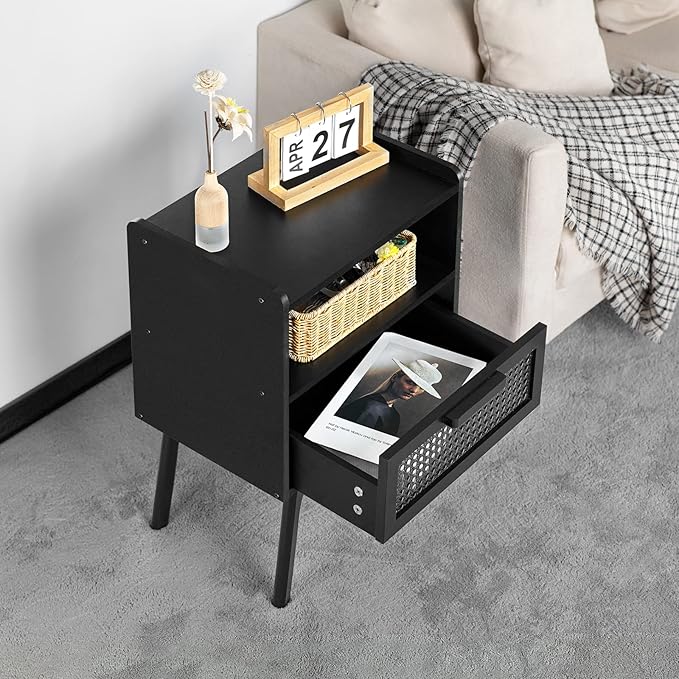 Lerliuo Rattan Nightstands Set of 2, Boho Side Table with Drawer Open Shelf, Cane Accent Bedside End Table with Solid Wood Legs for Bedroom, Dorm and Small Spaces (Black)