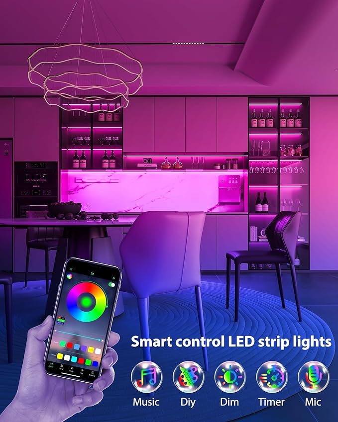 ASOKO 200 Lumens RGB Under Cabinet Light Plug in, 3 Pack 12 inch Linkable Counter Lights, Music Sync RGB LED Strip Lights with APP & Remote Control, Ambient Lights for Room Decor