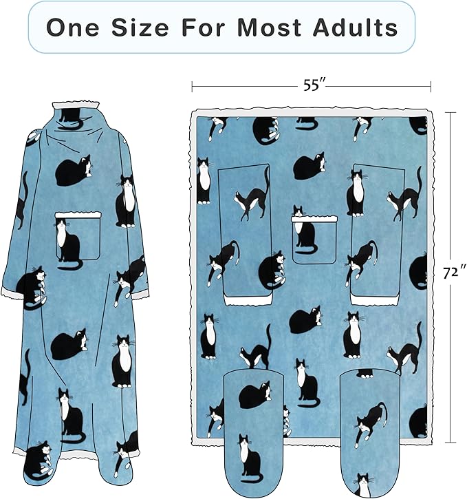 Catalonia Sherpa Wearable Blanket with Sleeves & Foot Pockets for Adult Women Men, Comfy Snuggle Wrap Sleeved Throw Blanket Robe, Gift Idea, Wonder Cat
