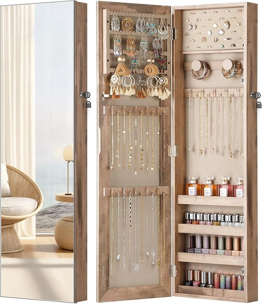 Nicetree Mirror Jewelry Cabinet, Jewelry Armoire with Full Length Mirror,Mirror with Jewelry Storage Wall/Door Mounted, Lockable Jewelry Armoire Organizer,Toasted Oak