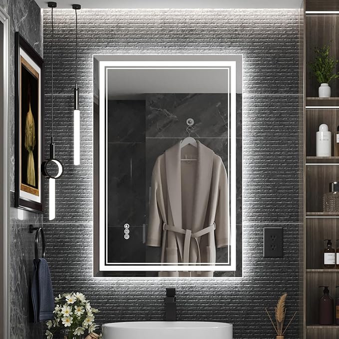 24x36 Inch Led Mirror for Bathroom with Front Light and Backlit, Dimmable Anti Fog Wall Bathroom Mirror with Led Lights, Water Proof, Decor Vanity Mirror
