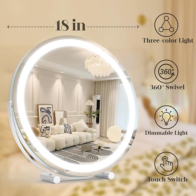 Vanity Makeup Mirror with Lights, 18 Inch LED Makeup Mirror, Lighted Vanity Mirror with Lights, Smart Touch Control 3 Colors Dimmable Round Mirror, Tabletop ＆ Desk Mirror, 360°Rotation (White)