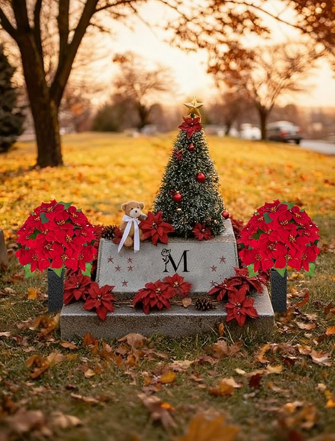 Christmas Cemetery Flowers for Grave: 2 Pcs Artificial 24 Heads Large Red Velvet Poinsettia Bouquets with Vases for Outdoor Grave Decorations