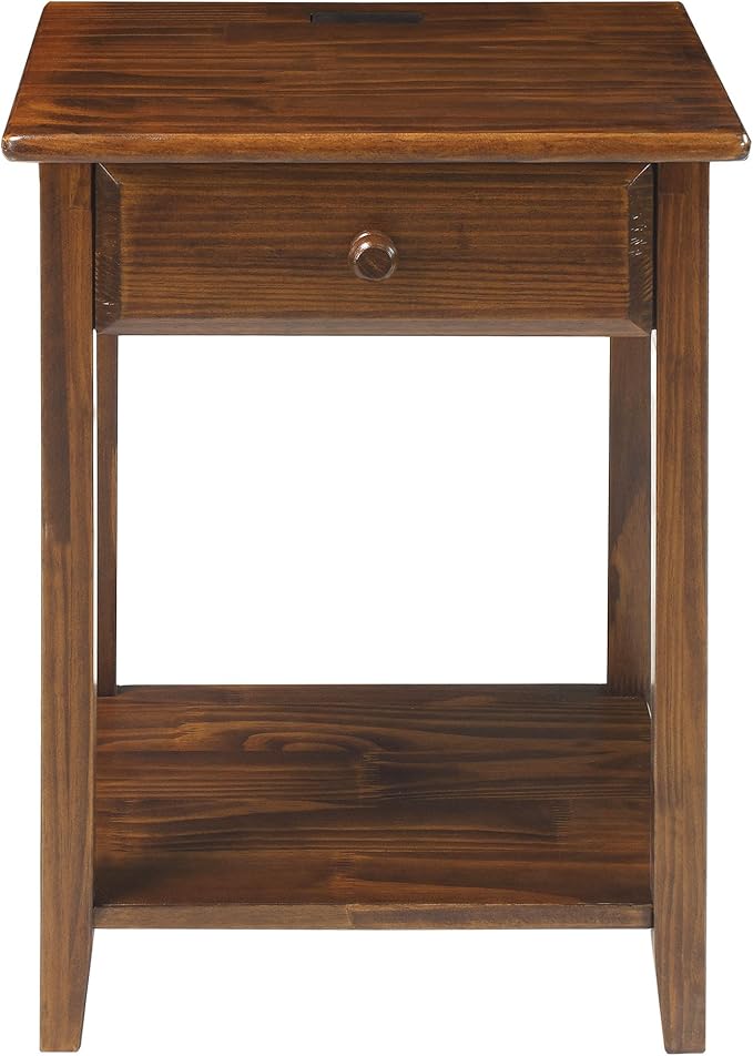 Casual Home Owl Night Stand with USB Port Charging Station and Drawer, 17.5"W x 14.25"D x 24.5"H, Warm Brown