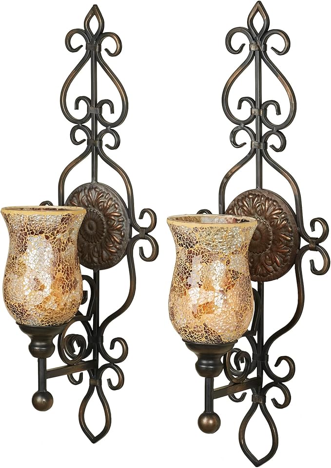 Touch of Class Leyanna Mosaic Wall Sconce Pair - Aged Brown, Victorian Style, Made of Metal, Glass - Antique Sconces, Medallion Designs - Set of 2, Ornate Candle Holder