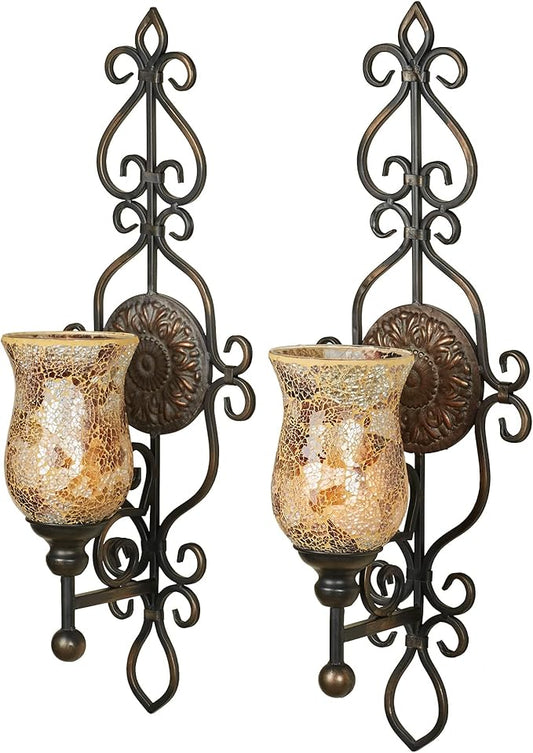 Touch of Class Leyanna Mosaic Wall Sconce Pair - Aged Brown, Victorian Style, Made of Metal, Glass - Antique Sconces, Medallion Designs - Set of 2, Ornate Candle Holder