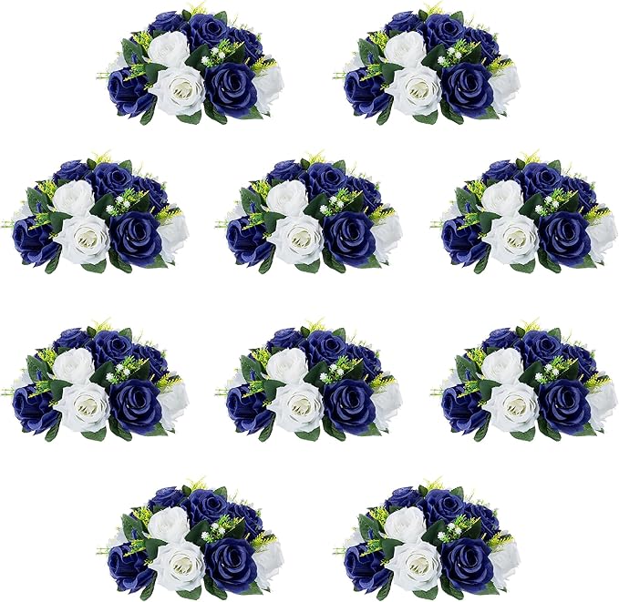10Pcs Fake Flower Ball Arrangement Bouquet, 9.5" 15 Heads Plastic Roses with Base,Suitable for Parties Valentine's Day Wedding Centerpiece Flower Rack and Home Décor (Navy Blue & White)