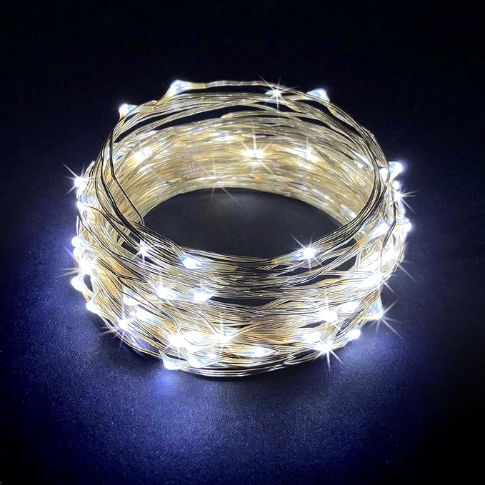 100 LEDs Cold White Color String Lights Plug-in Silver Wire Indoor and Outdoor 32 Feet Firefly Starry Fairy Lights for DIY, Christmas, Holidays, Party, Bedroom and Centerpieces