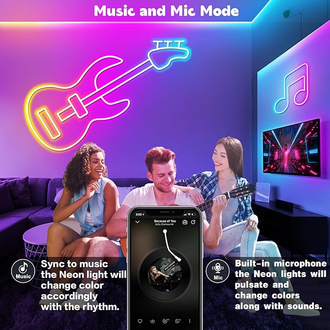 SINLEY Led Neon Rope Lights,Control with App/Remote,Flexible Led Rope Lights,Multiple Modes,IP68 Outdoor RGB Neon Lights Waterproof,Music (32.8FT)