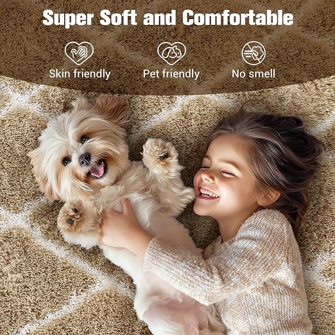 Fluffy Rug for Bedroom, 8X10Feet Stripe Checkered Rug Anti-Skid High Pile for Living Room Bedroom Kids Room Nursery, Dorm Home Decor